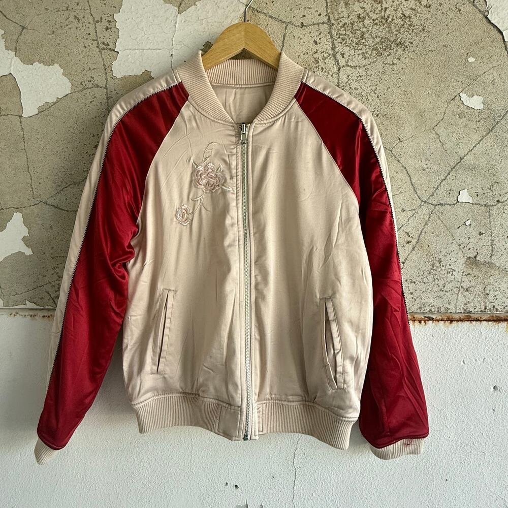 Bomber Jacket Satin‎ Embroidered Floral Honey Punch Womens Contrast Sleeve Small